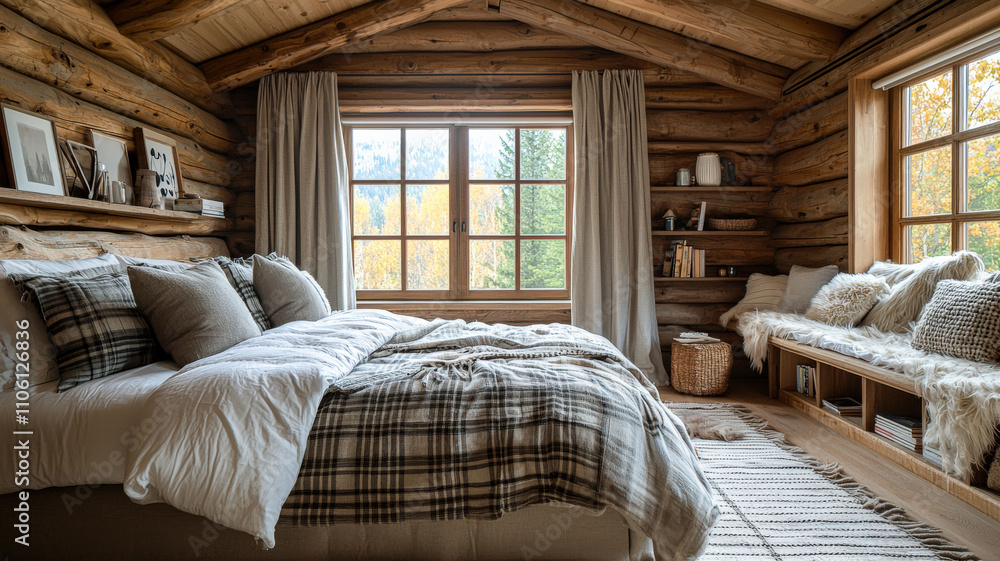A spacious bedroom retreat featuring a soft bed with plush pillows, a cozy reading nook, and natural textures like wool and wood, creating a warm and inviting atmosphere. A spacious bedroom retreat featuring a soft bed with plush pillows, a cozy reading nook, and natural textures like wool and wood, creating a warm and inviting atmosphere.