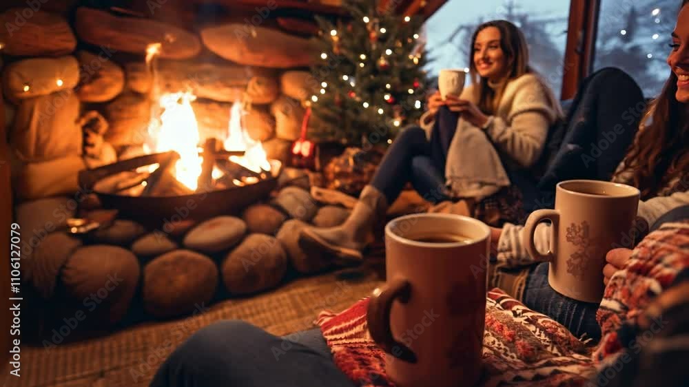 A person relax sitting on the sofa and drink hot drinks near the fireplace in home. Cozy living room decorated for Christmas. Back view. Winter and X-mas holidays concept. A person relax sitting on the sofa and drink hot drinks near the fireplace in home. Cozy living room decorated for Christmas. Back view. Winter and X-mas holidays concept.