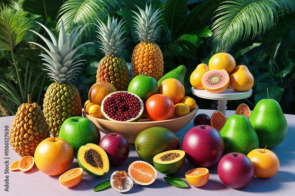 Lifelike 3D Render of Colorful Summer Exotic Fruit Showcase with Fresh Harvest Collection Lifelike 3D Render of Colorful Summer Exotic Fruit Showcase with Fresh Harvest Collection
