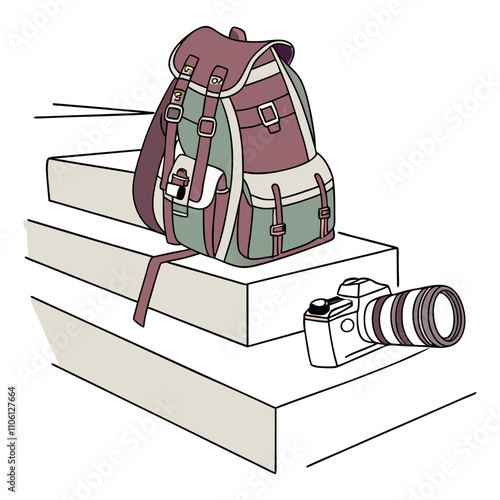 Travel backpacks flat illustrations set. Hiking backpacks and equipment for camping. Ax, bottle of water, cauldron. Camping bag for overnight stay. Design elements