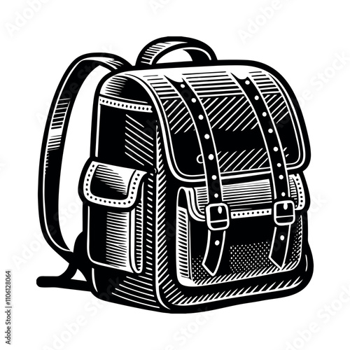 Travel backpacks flat illustrations set. Hiking backpacks and equipment for camping. Ax, bottle of water, cauldron. Camping bag for overnight stay. Design elements