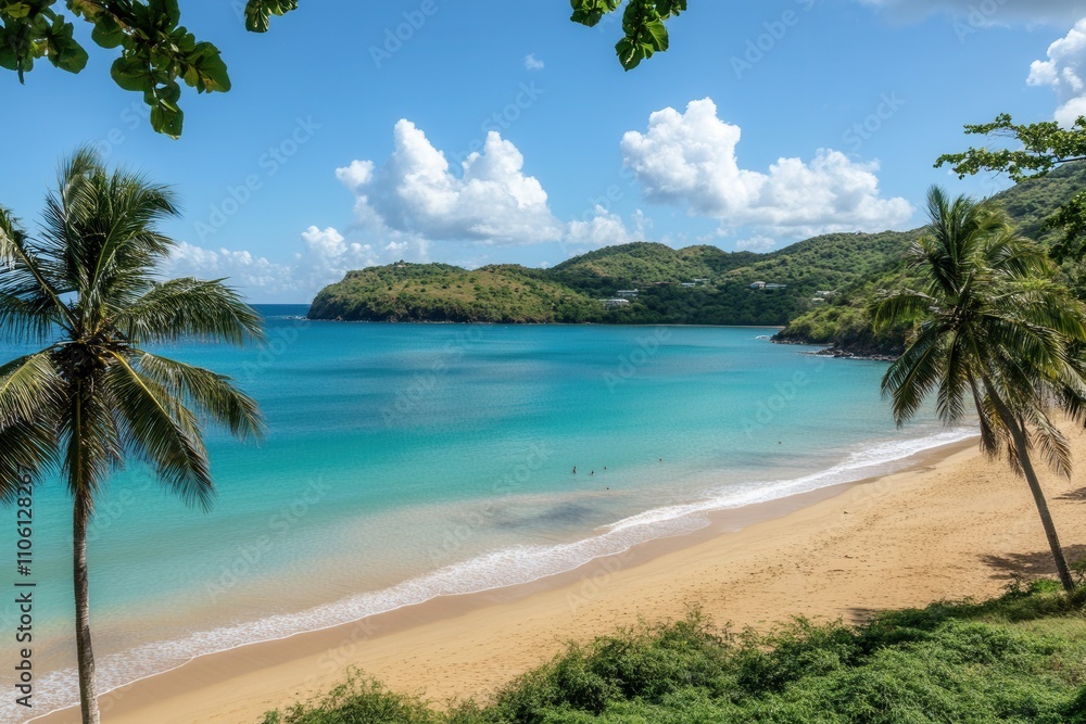 Obraz premium A tropical beach with white sand, coconut palms, and turquoise waters on a Caribbean island