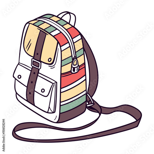 Travel backpacks flat illustrations set. Hiking backpacks and equipment for camping. Ax, bottle of water, cauldron. Camping bag for overnight stay. Design elements