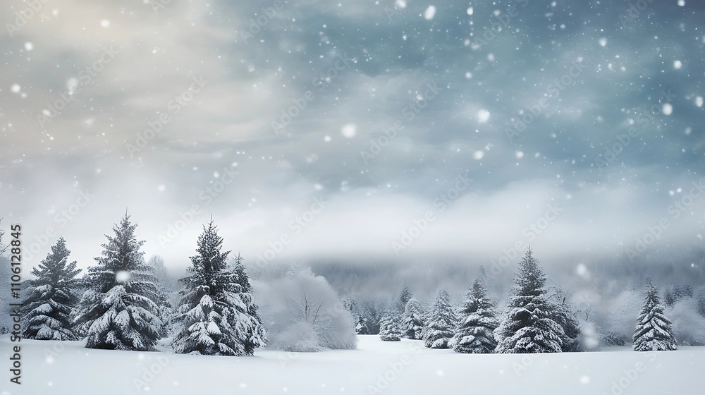 Fototapeta premium Snow-Covered Pines Under a Misty Sky
