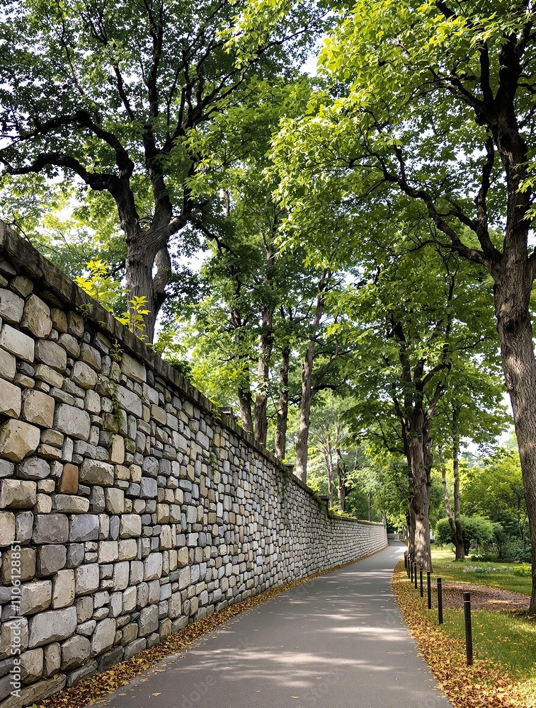 Stone wall with tall trees and a winding path, woodland, pathway, stone wall Stone wall with tall trees and a winding path, woodland, pathway, stone wall