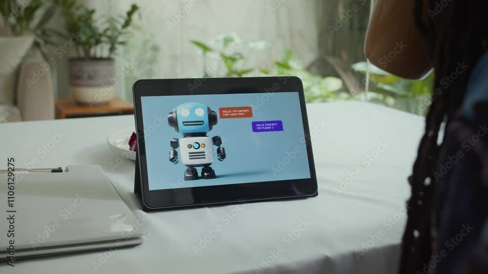 Close-up shot of unknown woman using chatbot on digital tablet while drinking coffee at home office desk