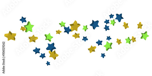 Volumetric blue, yellow and green stars are scattered on a white background. Festive background