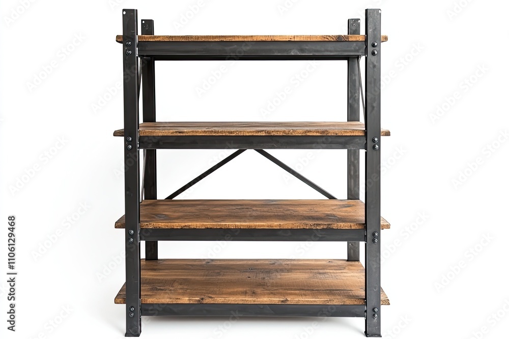 Industrial Furniture Rustic Wood and Steel Shelving Unit Isolated on White Industrial Furniture Rustic Wood and Steel Shelving Unit Isolated on White