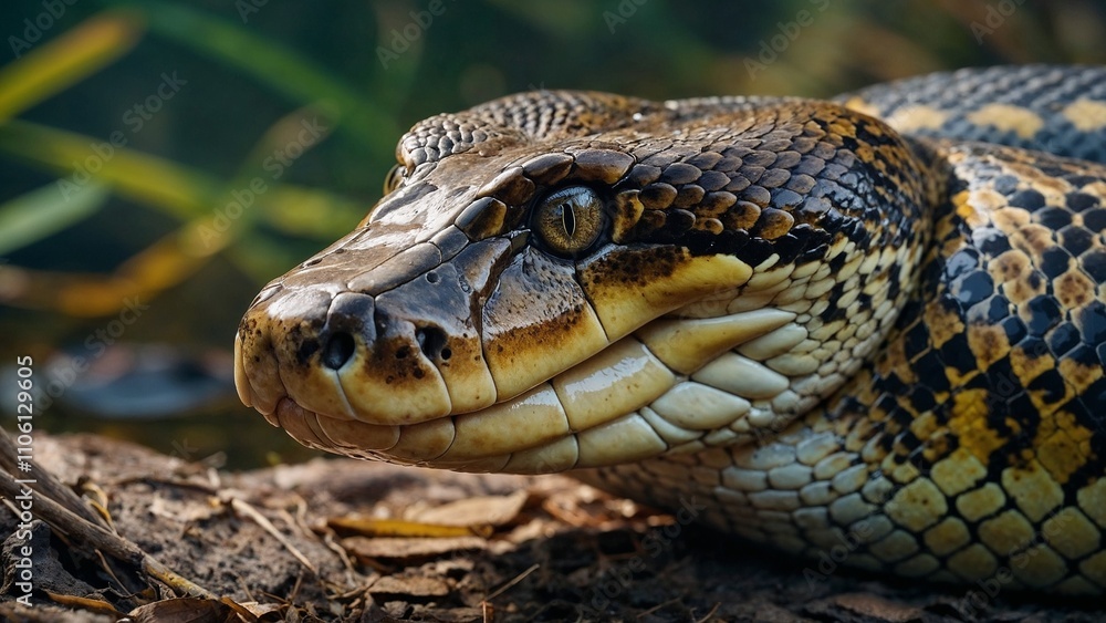Close-up of a large python resting on the ground with vivid scales and natural background Close-up of a large python resting on the ground with vivid scales and natural background