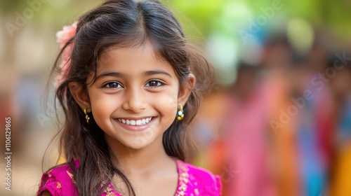 Smiling Girl Spreads Joy on International Day of Happiness Celebration in a Vibrant Outdoor Setting