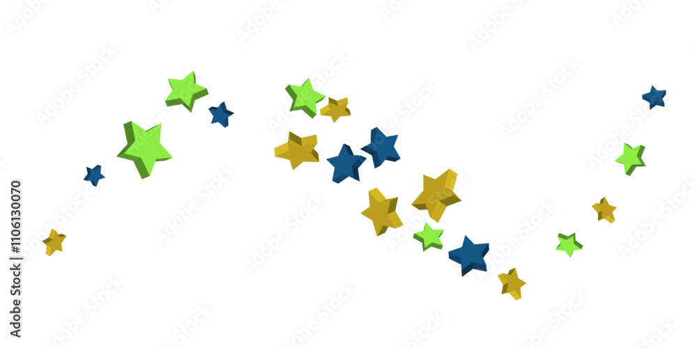 Volumetric blue, yellow and green stars are scattered on a white background. Festive background Volumetric blue, yellow and green stars are scattered on a white background. Festive background