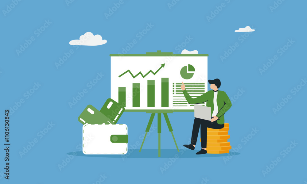 Businessman showing infographic graph, Financial report concept. flat illustration Businessman showing infographic graph, Financial report concept. flat illustration