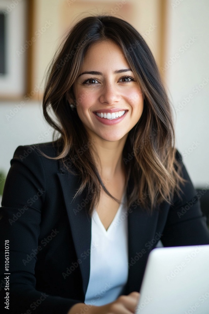 Happy excited young businesswoman looking at laptop pc computer screen. Smiling latin hispanic business woman successful celebrating winning in office. Copy space Happy excited young businesswoman looking at laptop pc computer screen. Smiling latin hispanic business woman successful celebrating winning in office. Copy space
