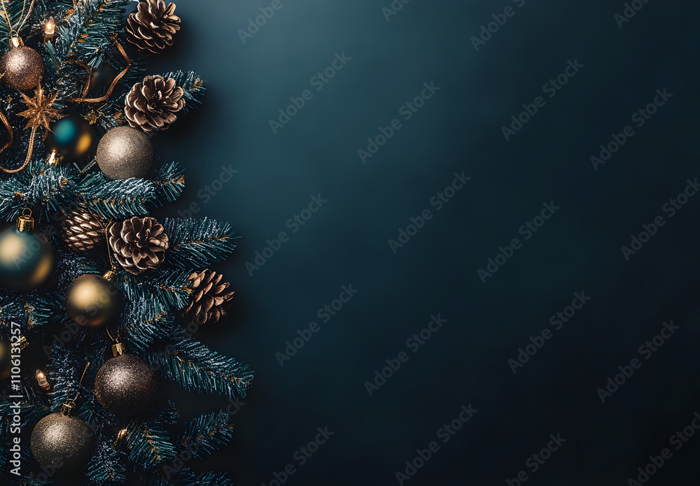 A Christmas tree adorned with decorations against a dark background. A Christmas tree adorned with decorations against a dark background.
