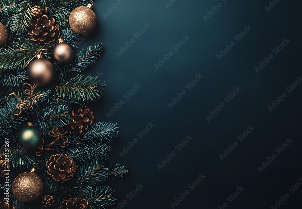 A Christmas tree adorned with decorations against a dark background. A Christmas tree adorned with decorations against a dark background.