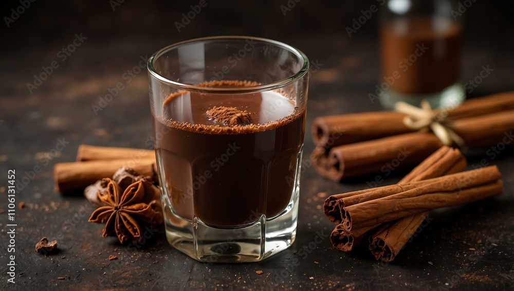 Glass of chocolate liqueur with cinnamon. Glass of chocolate liqueur with cinnamon.