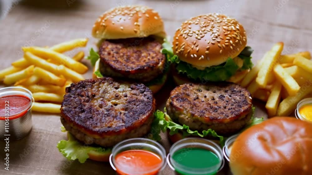 Various fast foods on the table, hamburgers, french fries, drinks, sauces Various fast foods on the table, hamburgers, french fries, drinks, sauces