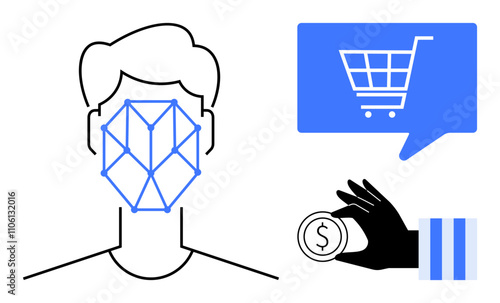Face recognition grid over human face, shopping cart icon in speech bubble, hand holding coin. Ideal for security, AI, e-commerce, digital payment, online shopping, biometrics, facial recognition