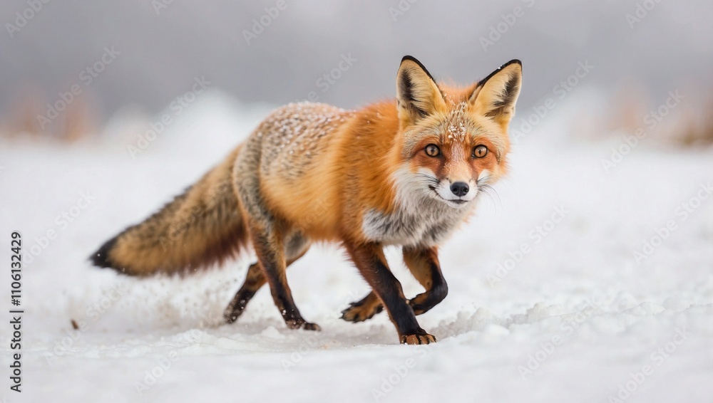 Fototapeta premium Red Fox Sprinting Across Snowy Terrain
