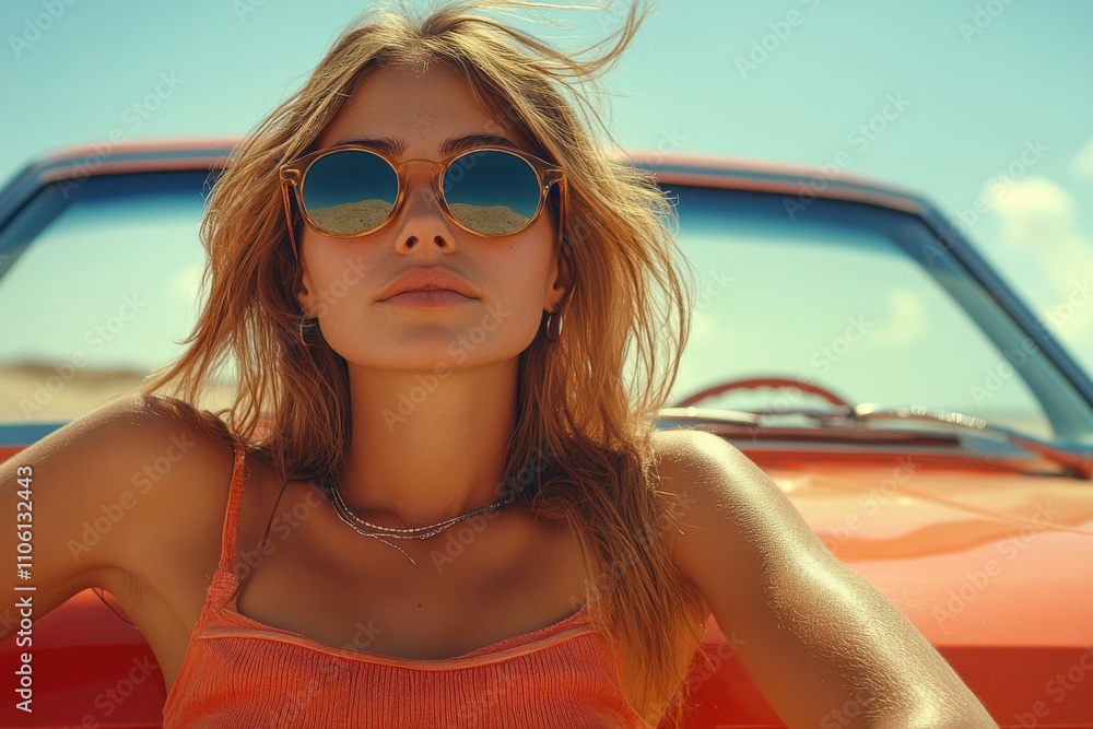 Blond woman in sunglasses leaning on a car with her hands on her hips Blond woman in sunglasses leaning on a car with her hands on her hips