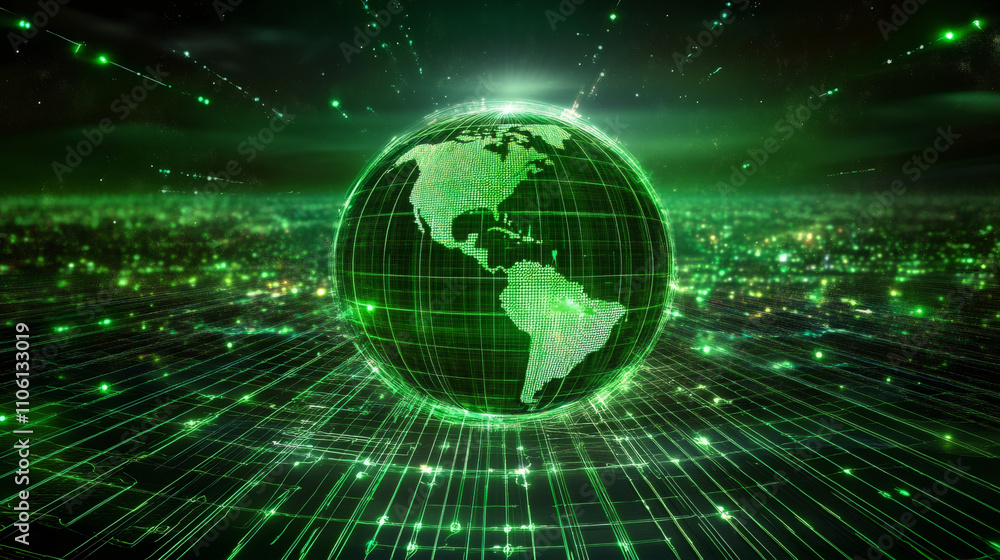 Obraz premium Green digital planet earth rotating on futuristic matrix background with binary code and particles flowing, concept of big data, global network and technology