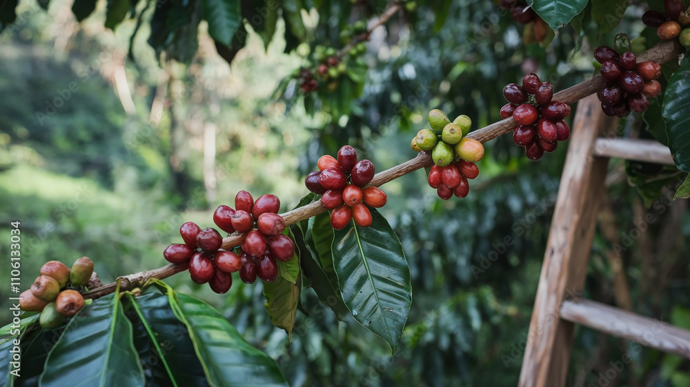 Gathering Coffee Cherries at Farm Plantation, Farming Gathering Coffee Cherries at Farm Plantation, Farming