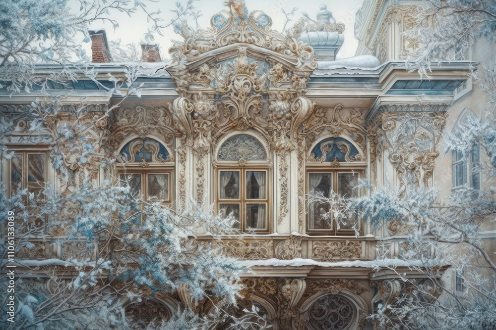 The magnificent facade of an ancient building, decorated with rich stucco and detail. The magnificent facade of an ancient building, decorated with rich stucco and detail.