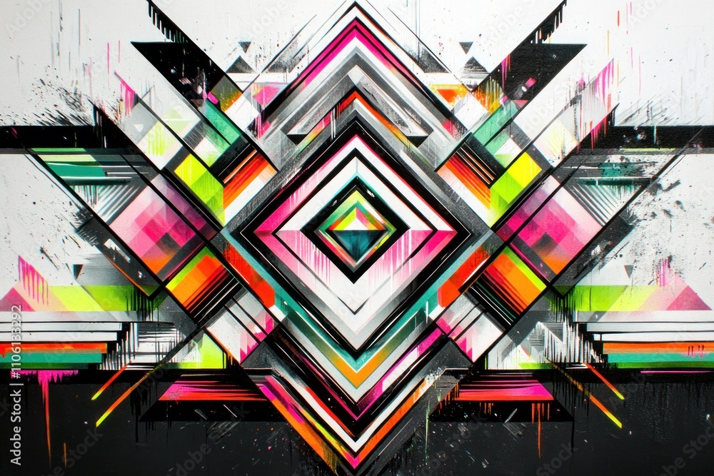 Fototapeta premium Abstract geometric mural with vibrant colors and sharp angles.