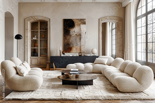 Minimalist, scandinavian home interior design of modern living room. Refined living space with cream sofa and armchair, central black table and serene ambiance accented by soft, neutral decor. photo