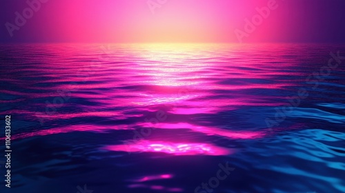 Abstract neon-lit water surface, vibrant colors reflecting in smooth ripples, futuristic atmosphere, glowing lights, surreal and dreamlike, high-energy setting