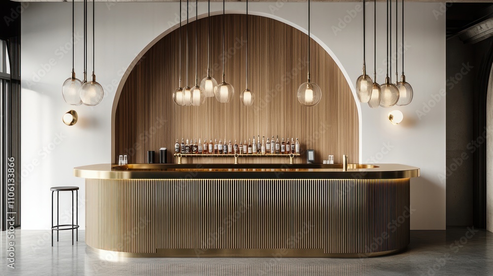 Obraz premium Modern bar interior with arched wood wall, brass counter, and globe pendant lights.