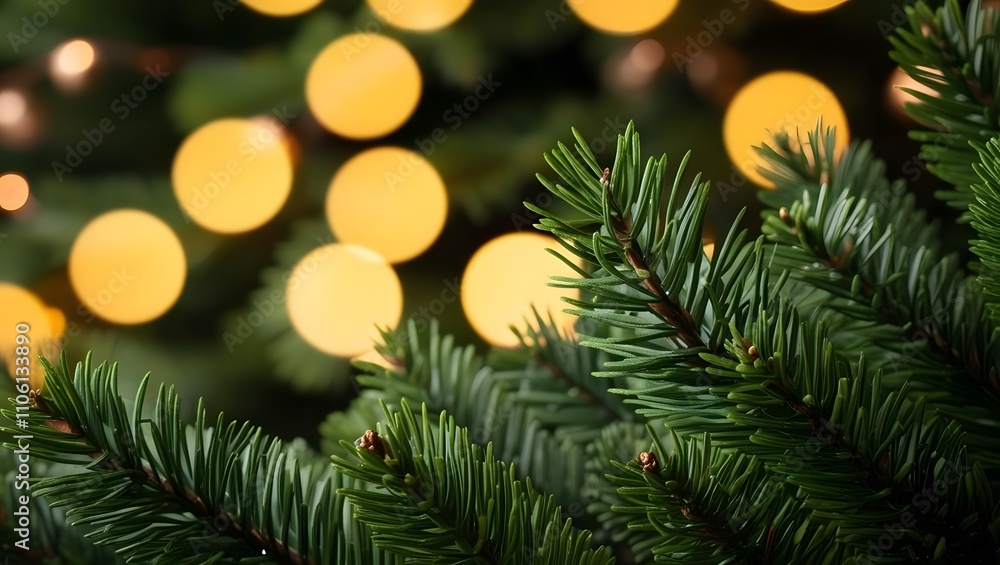 Glimmering evergreen branches bathed in warm, festive lights; a close-up capturing the essence of Christmas cheer. Glimmering evergreen branches bathed in warm, festive lights; a close-up capturing the essence of Christmas cheer.