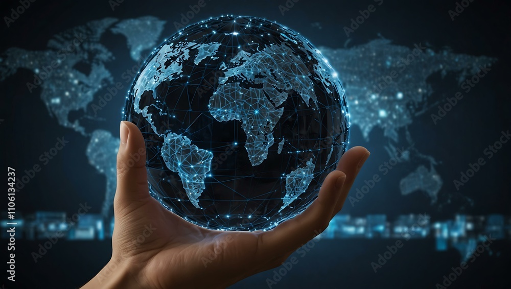 Globe in hand, surrounded by cybersecurity networks. Globe in hand, surrounded by cybersecurity networks.