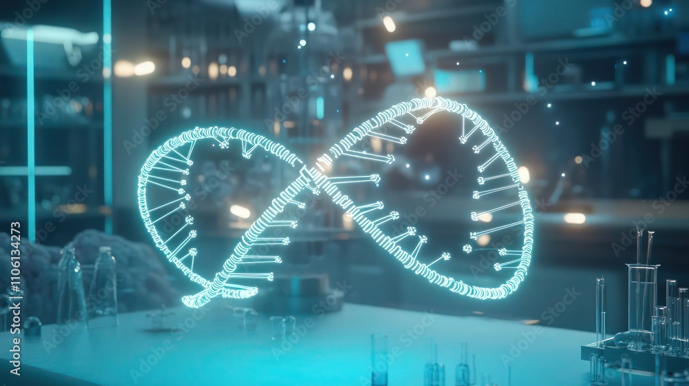 A futuristic view of human DNA in a molecular structure hologram, with detailed atomic bonds displayed as glowing neon lines. The hologram floats in a laboratory-like setting . A futuristic view of human DNA in a molecular structure hologram, with detailed atomic bonds displayed as glowing neon lines. The hologram floats in a laboratory-like setting .