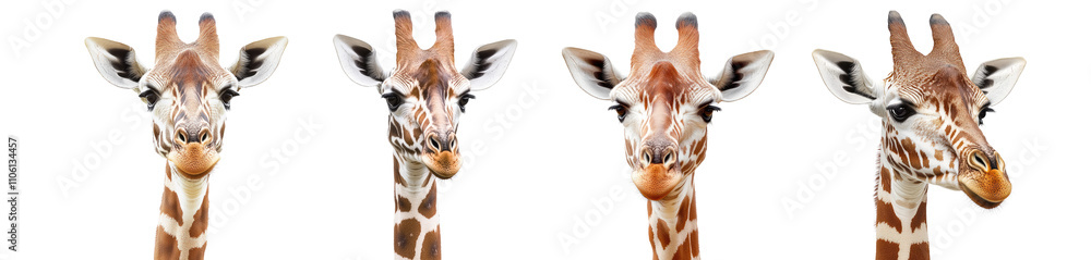 Obraz premium Giraffe head collection isolated on transparent background, PNG. Clipart template 