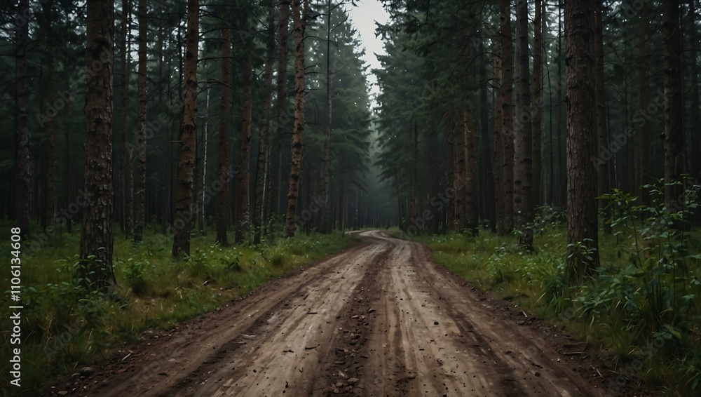Fototapeta premium Gloomy, winding dirt road in Latvian forest.