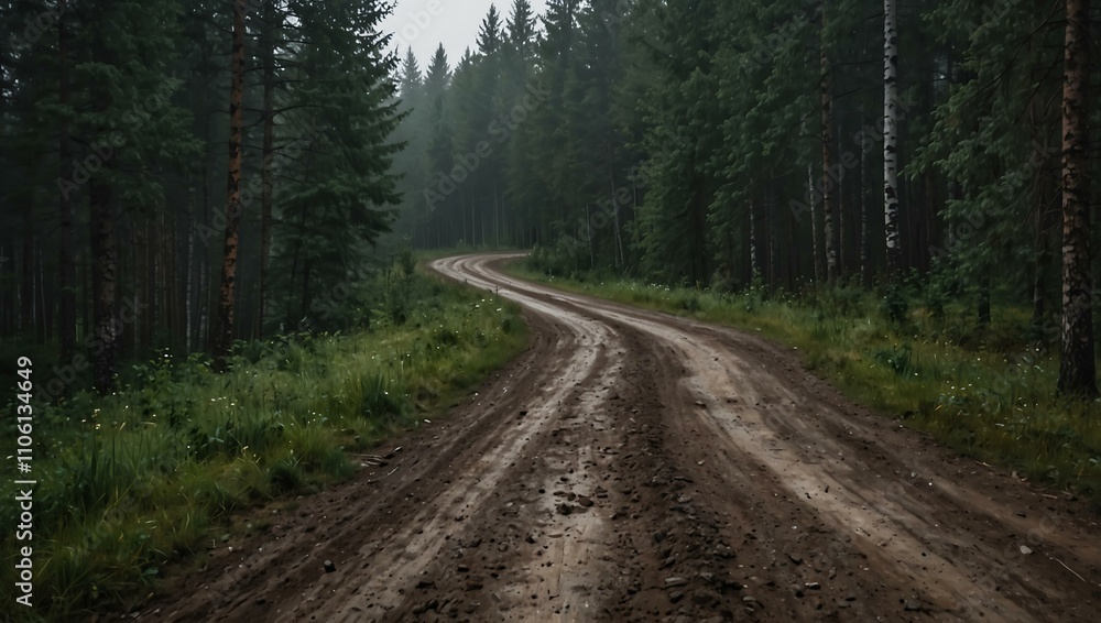 Gloomy, winding dirt road in Latvian forest. Gloomy, winding dirt road in Latvian forest.