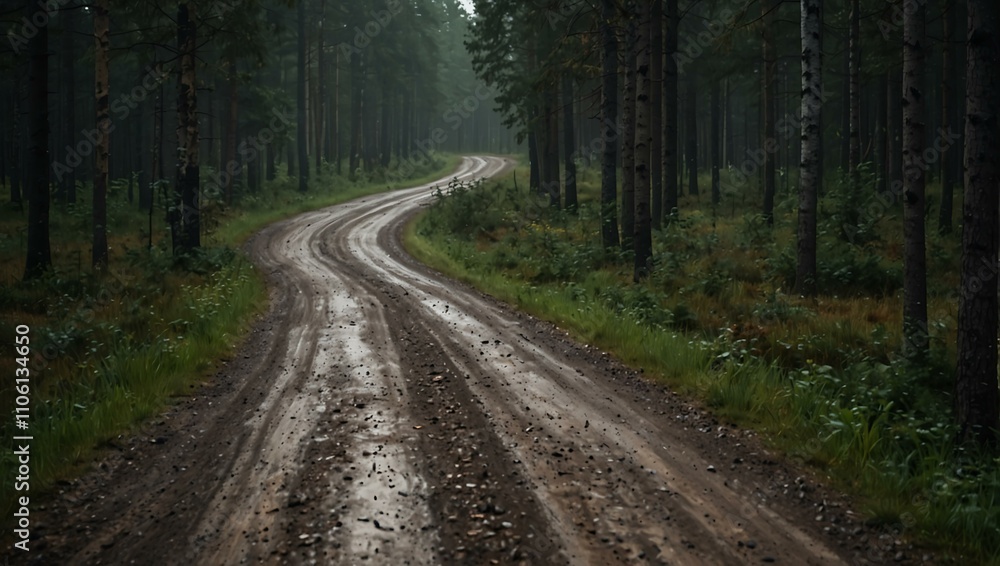 Gloomy, winding dirt road in Latvian forest. Gloomy, winding dirt road in Latvian forest.
