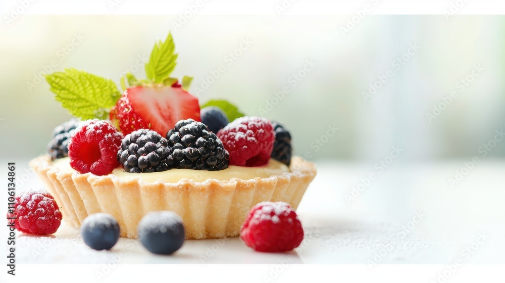 A freshly baked fruit tart with a golden crust, filled with a creamy custard and topped with an assortment of fresh berries, dusted with powdered sugar, creating an inviting and appetizing dessert A freshly baked fruit tart with a golden crust, filled with a creamy custard and topped with an assortment of fresh berries, dusted with powdered sugar, creating an inviting and appetizing dessert