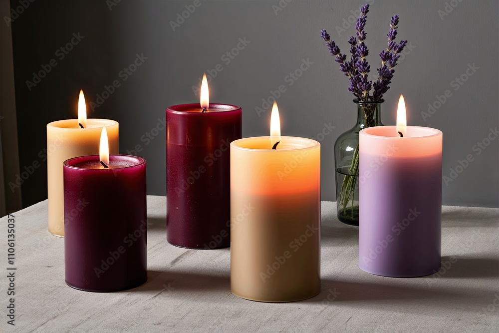 Artistic Pillar Candle Set with Soft Beige Wine and Lavender Flickering Flames Artistic Pillar Candle Set with Soft Beige Wine and Lavender Flickering Flames