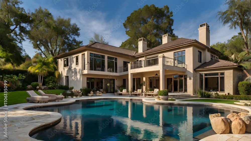 A modern villa with a swimming pool and lush tropical landscaping. A modern villa with a swimming pool and lush tropical landscaping.