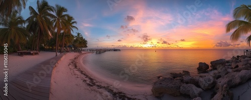 A sweeping view of the footbridge to Smathers Beach at dawn in Key West, Florida photo