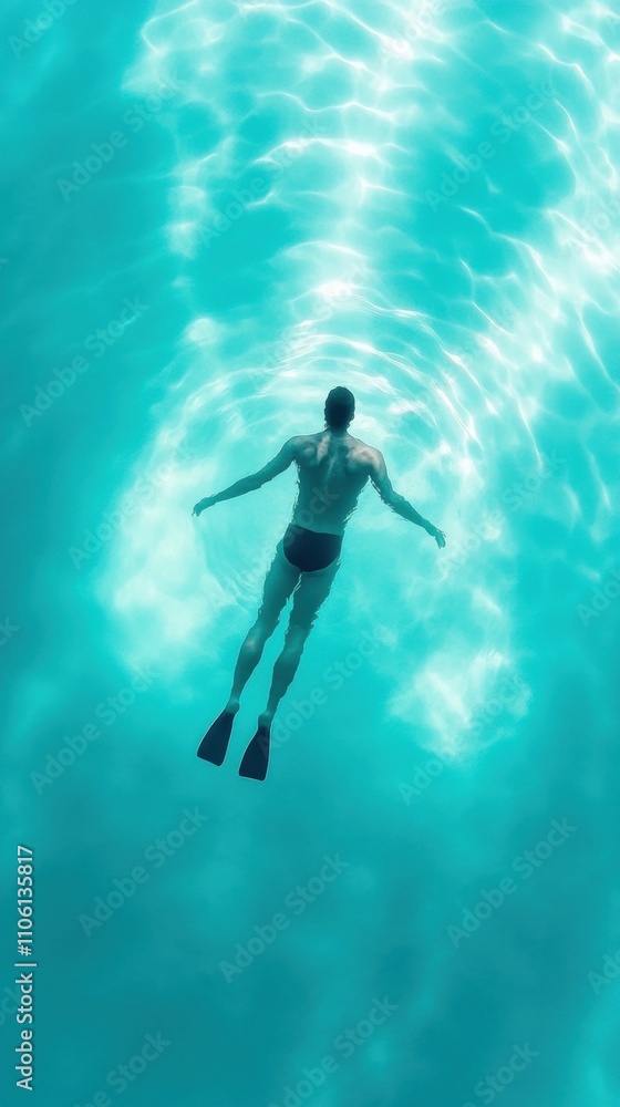 Man swimming underwater with fins in a serene, turquoise pool, AI Man swimming underwater with fins in a serene, turquoise pool, AI