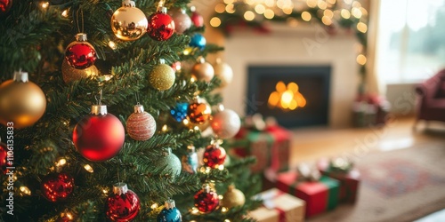 Wide shot of a decorated Christmas tree filled with colorful baubles, with presents underneath and a warm fireplace in the background.