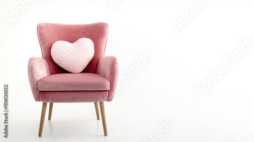 Elegant pink armchair with a heart-shaped decorative pillow, combining modern design and cozy aesthetics, set on a clean white background for a romantic and minimalist vibe.