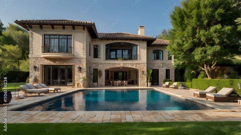 A modern villa with a swimming pool and lush tropical landscaping. A modern villa with a swimming pool and lush tropical landscaping.