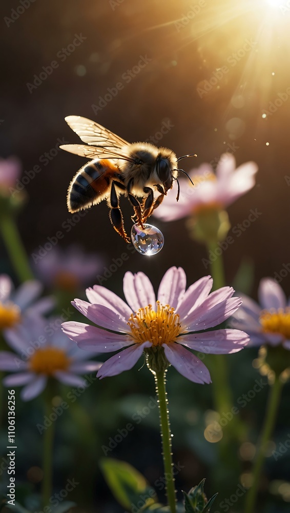 Fototapeta premium Glowing flower with a bee and sparkles in a dreamy setting.