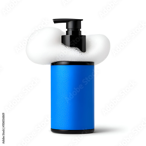 Blue bottle with pump dispenser featuring a foamy substance on top in a clean setting photo