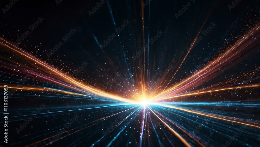 Fototapeta premium Glowing light streaks and particles create a dynamic background.