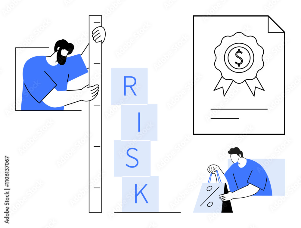 Fototapeta premium Man measuring risk, certificate with dollar symbol, person handling shopping bags. Ideal for business strategy, risk assessment, financial planning, quality assurance, economic stability, investment
